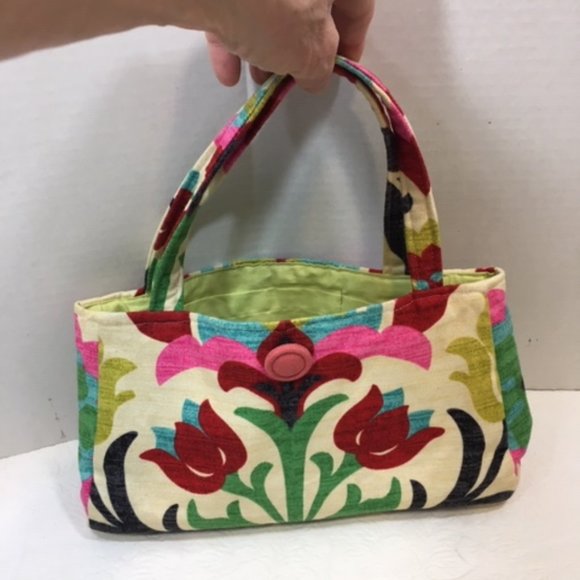 Multicolor Floral Linen Cotton Stylish Handbag Button Closure  11"x3"x6" - Picture 2 of 12